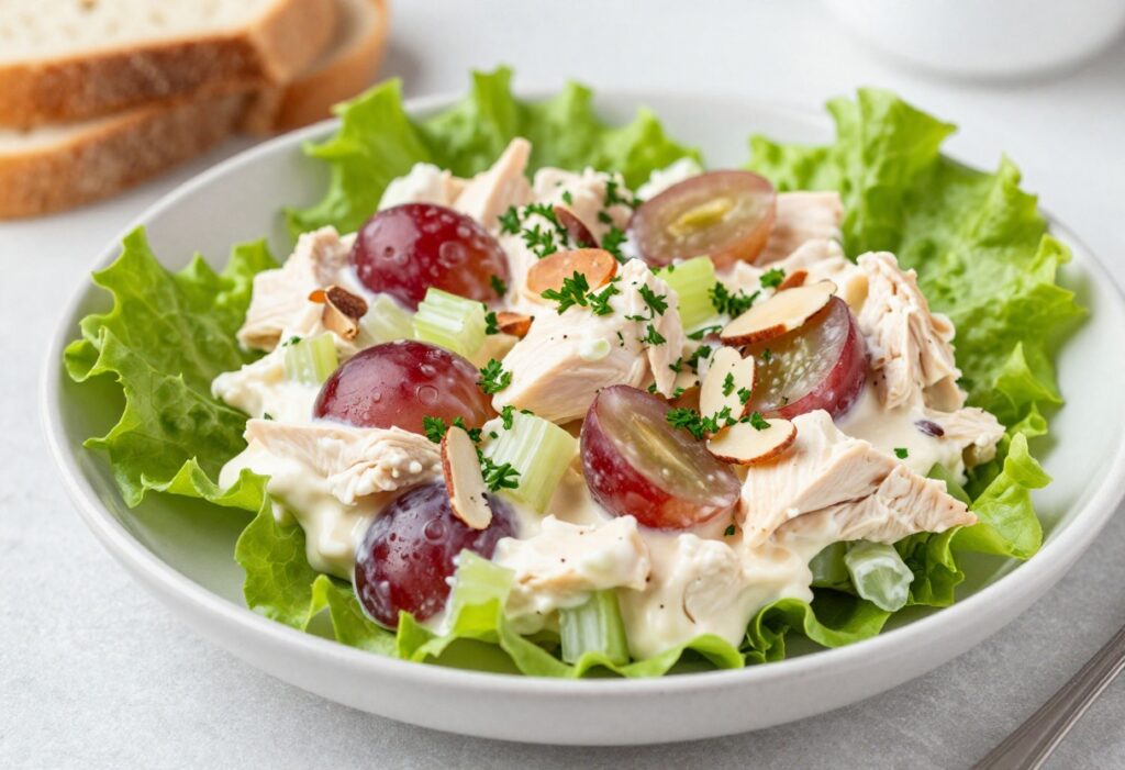 Creamy chicken salad with red grapes and almonds on bread