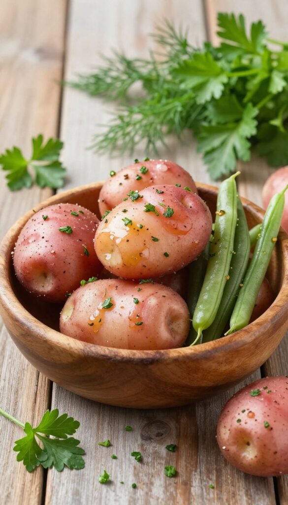 A bowl of herbed potato and green bean salad on a wooden table in a sunny garden setting, showcasing fresh ingredients for a healthy summer dish.