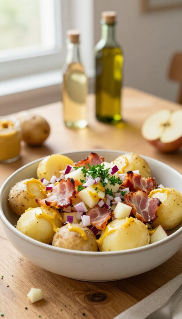 A photorealistic image of Crispy Bacon and Apple Potato Salad with a Mustard Vinaigrette, showing halved Yukon Gold potatoes, crispy bacon, diced apples, red onion, and parsley in a ceramic bowl on a rustic wooden table, with natural light and a clean composition.