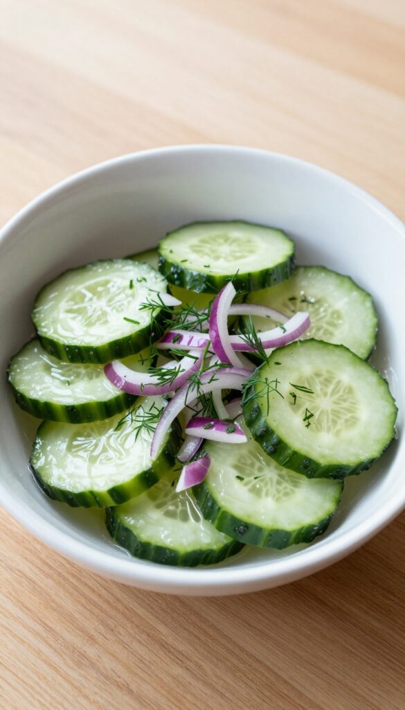 Cucumber dill pickle salad in a white bowl with fresh dill and red onion slices