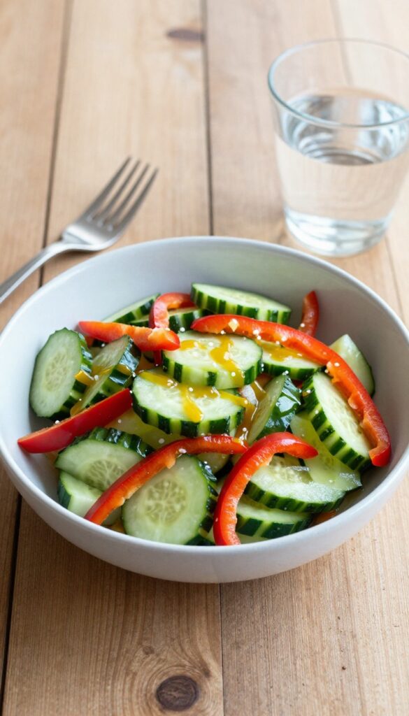 Cucumber pepper salad with tomato served with fork and water
