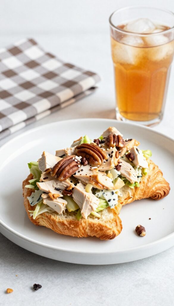 Southern chicken salad sandwich on a croissant with pecans and iced tea.