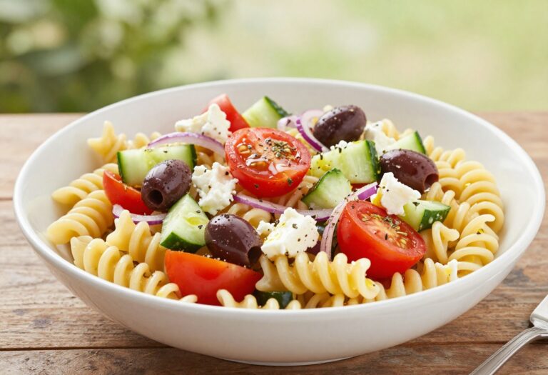 A vibrant Mediterranean pasta salad with rotini pasta, cherry tomatoes, cucumber, red onion, Kalamata olives, and feta cheese in a white bowl on a wooden table, representing fresh summer recipes.