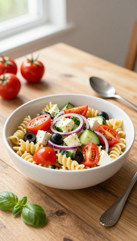 Overhead view of Olive Garden pasta salad in a white bowl on a wooden table
