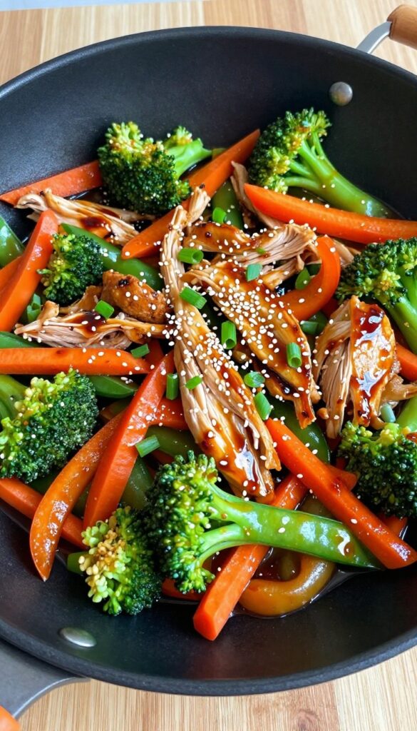 Colorful chicken and veggie stir fry in a wok with glossy sauce and sesame seeds