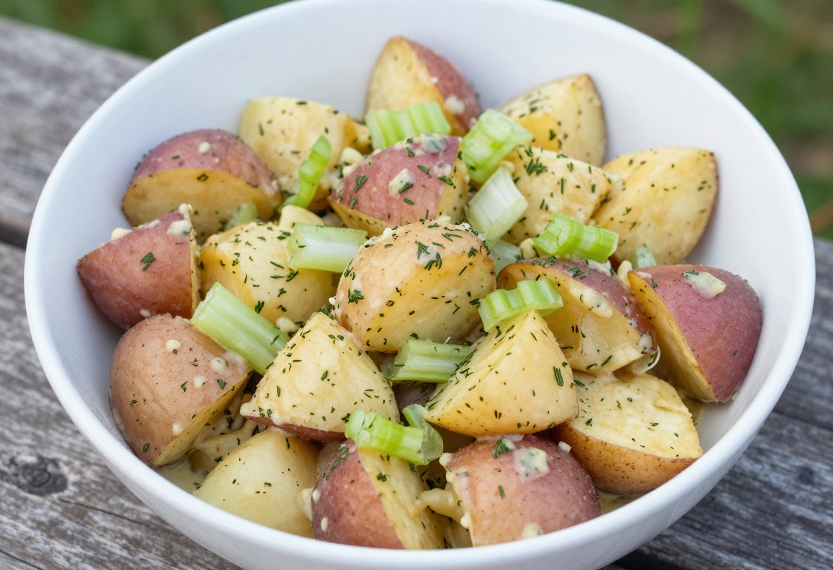 Creamy red potato salad with tangy dill dressing in a white bowl, ready to serve.