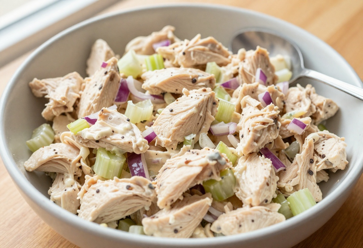 Creamy chicken salad in a white bowl on a wooden table with a spoon.