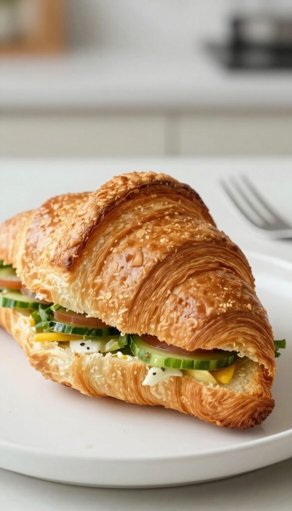 Chicken salad sandwich on a croissant with fork on kitchen counter