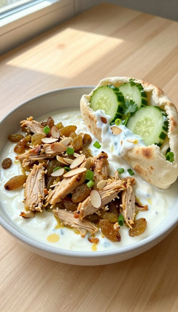 Curry chicken salad with golden raisins and almonds in a bowl, with stuffed pita on the side.