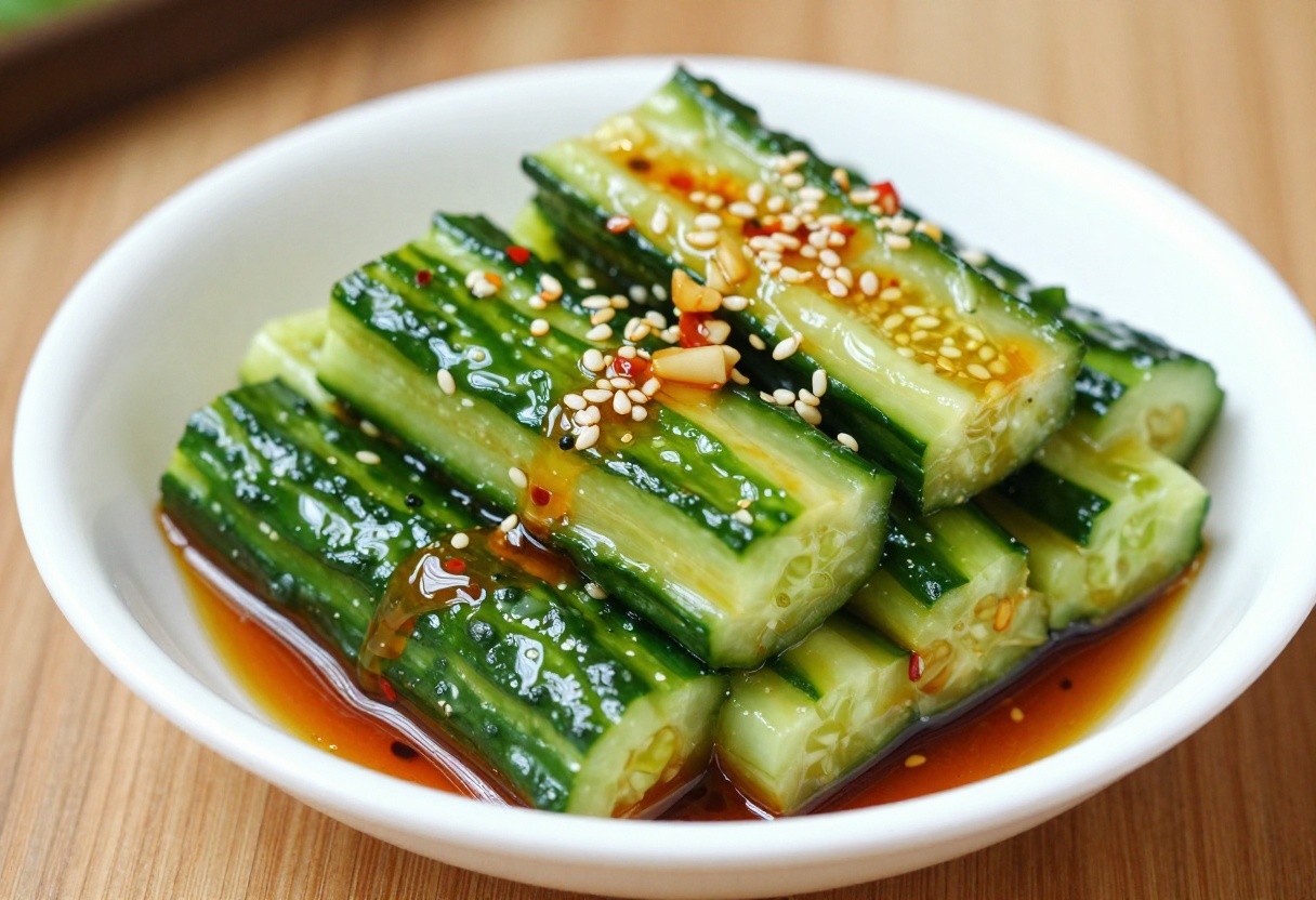 Chinese cucumber salad with garlic and chili oil in a white bowl