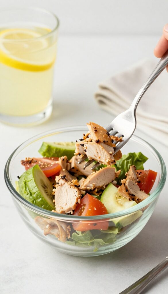 Marry Me Chicken Salad served with crostini and lemonade.