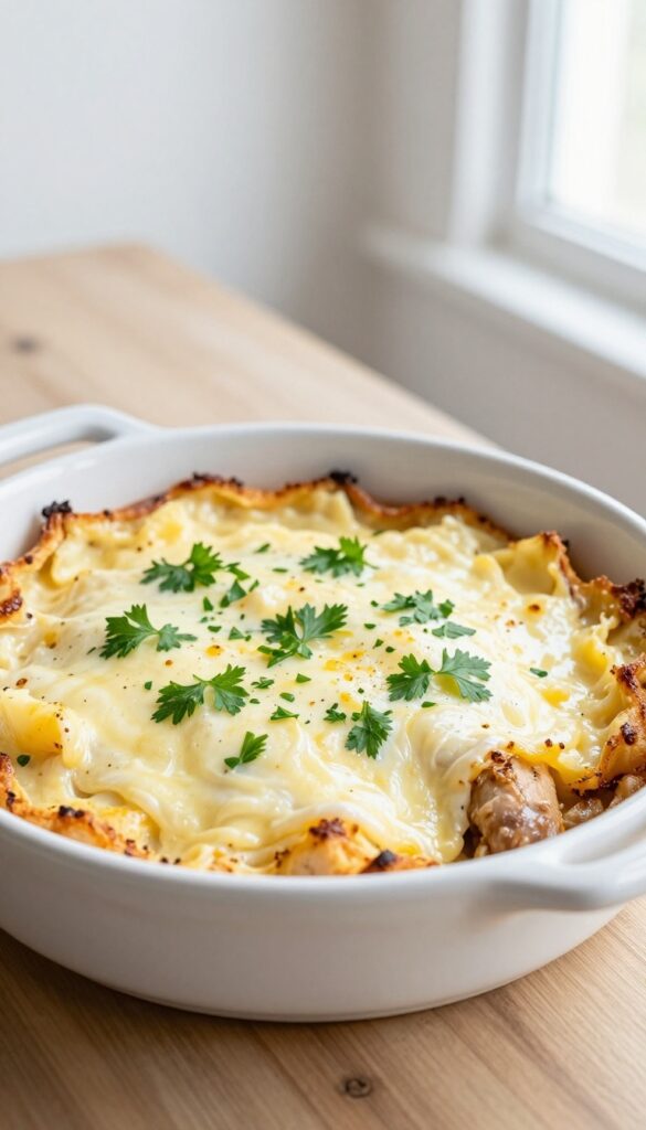 Creamy rotisserie chicken alfredo bake with melted cheese and parsley garnish in a white baking dish on a wooden table.