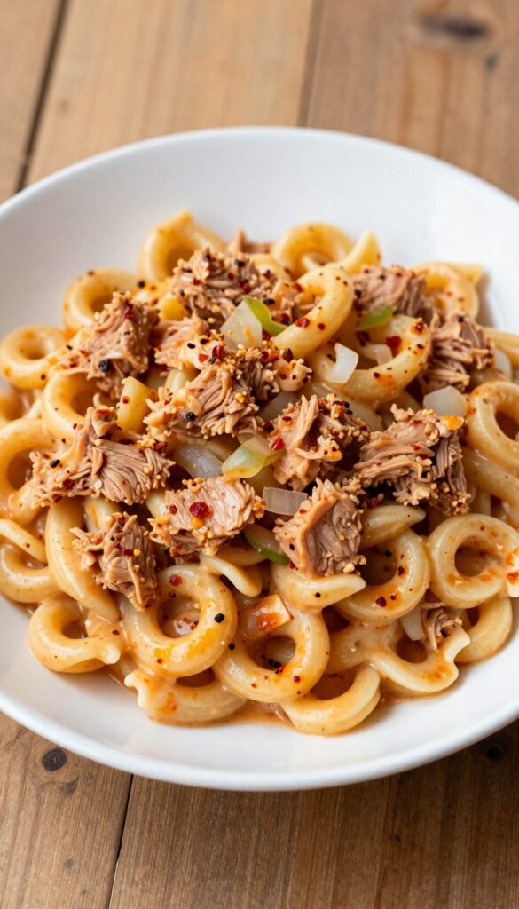 A close-up view of a spicy tuna pasta salad in a bowl, showcasing ingredients like pasta, tuna, onion, and chili flakes in bright natural light.