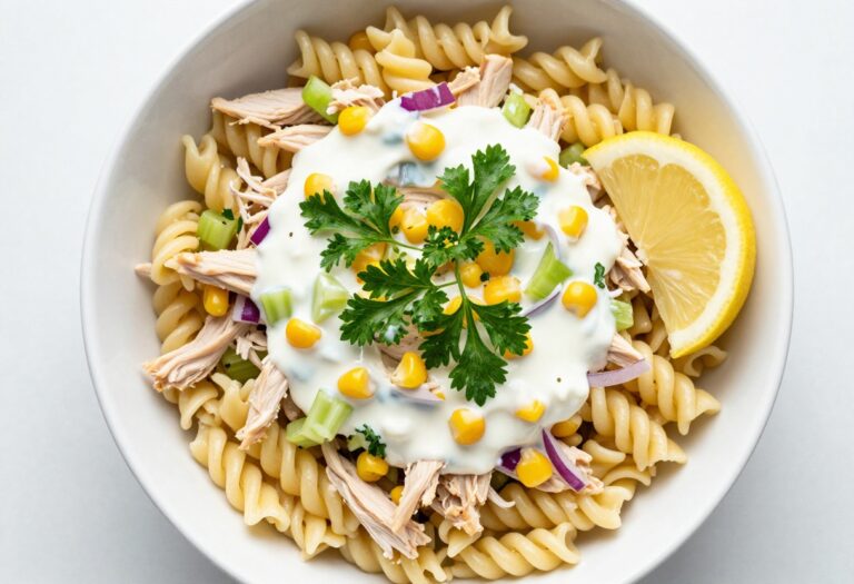 Creamy canned chicken pasta salad in a white bowl with rotini, celery, corn, and parsley.