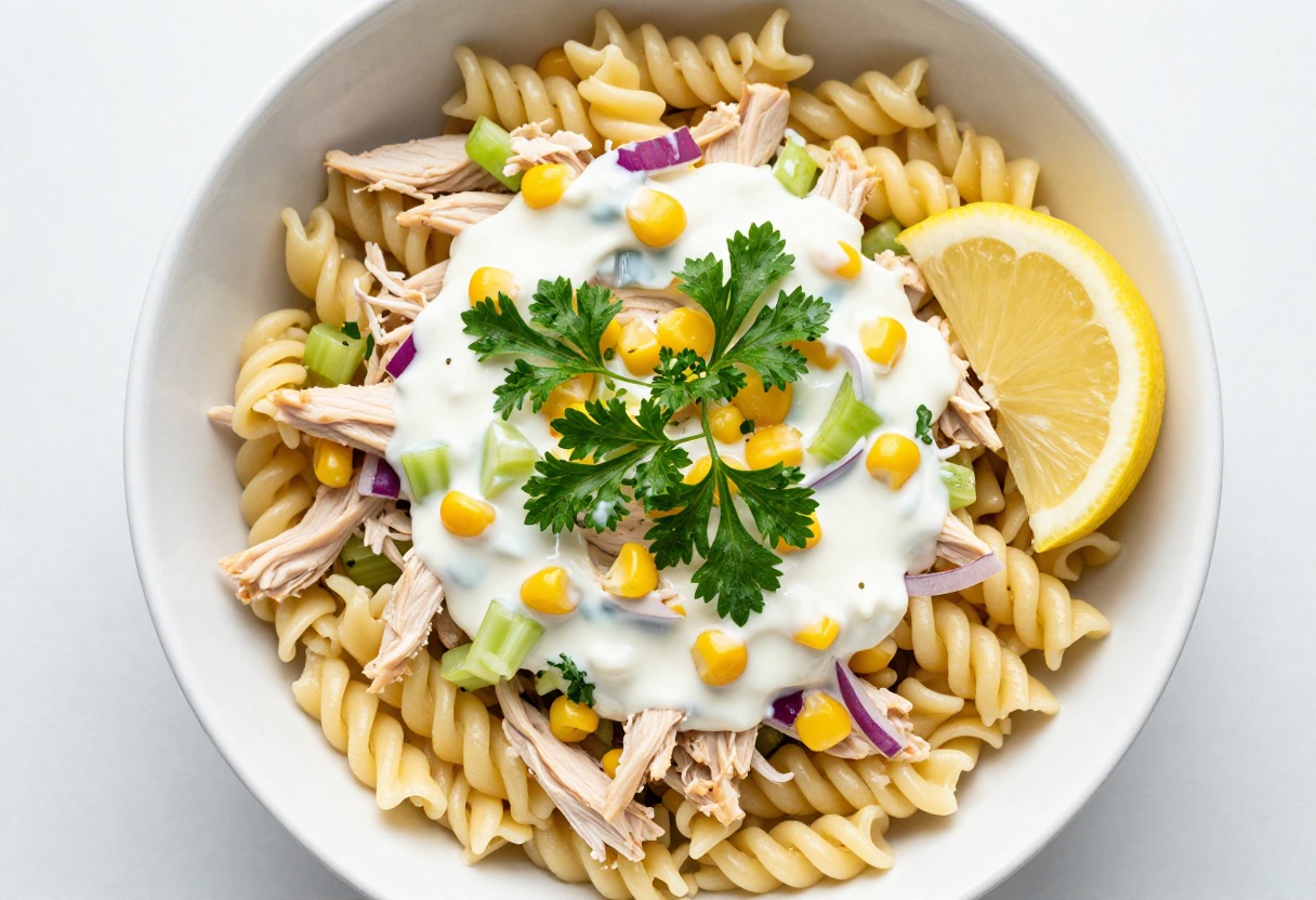 Creamy canned chicken pasta salad in a white bowl with rotini, celery, corn, and parsley.