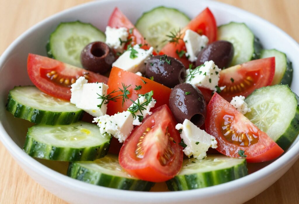 A close-up of a fresh Greek cucumber salad with tomatoes, feta cheese, olives, and herbs in a white bowl.