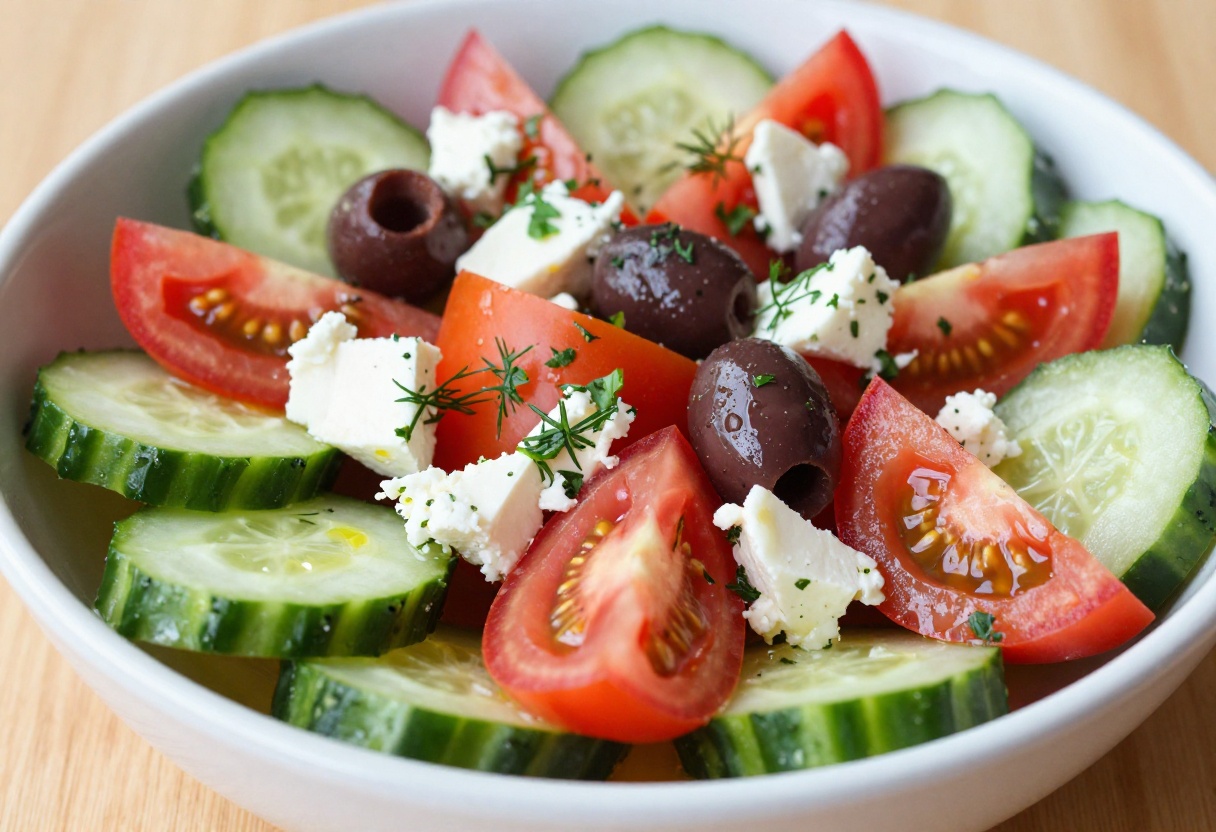 A close-up of a fresh Greek cucumber salad with tomatoes, feta cheese, olives, and herbs in a white bowl.
