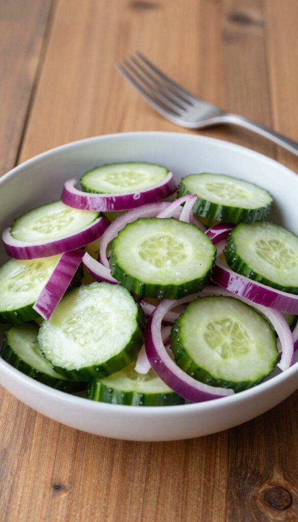 Cucumber red onion salad with dill served in a bowl with a fork