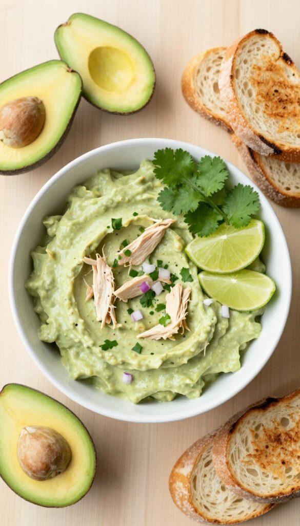 Avocado lime chicken salad in a white bowl with lime wedge and cilantro garnish, beside avocado halves and toast on a wooden table.