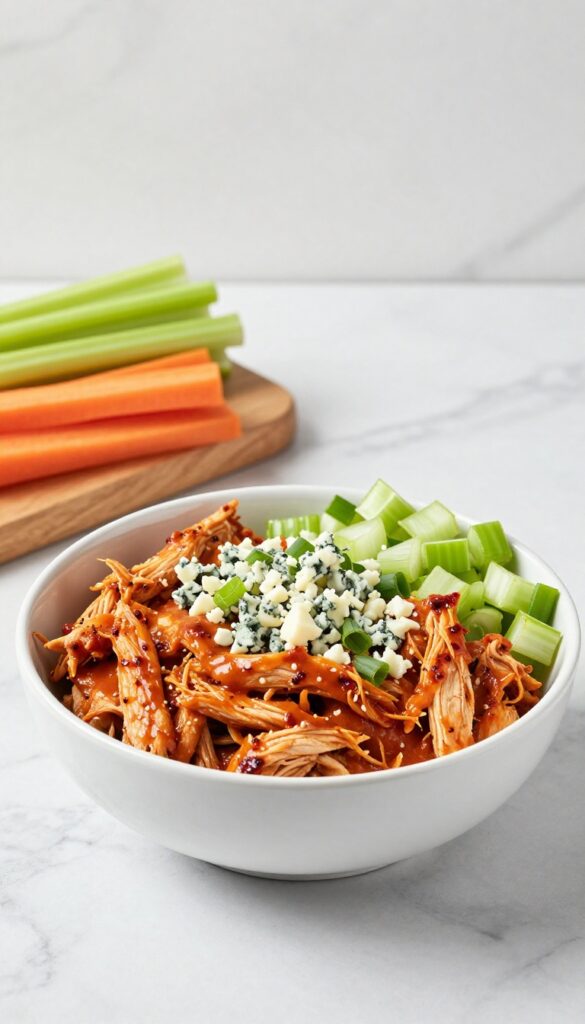 Buffalo chicken salad in a white bowl with blue cheese and celery, served with celery and carrot sticks on a marble countertop.