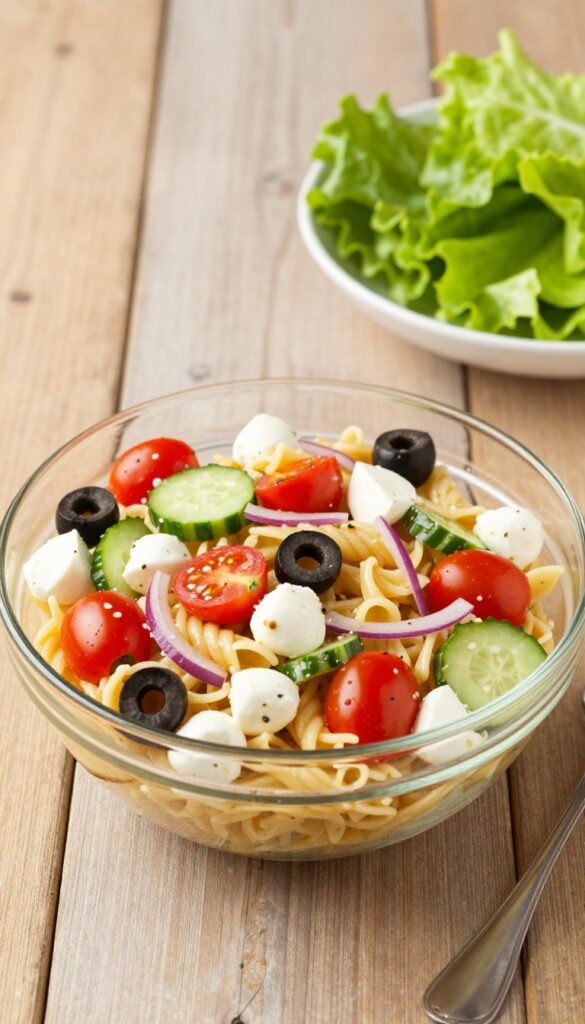 A bowl of Italian dressing pasta salad with vegetables and mozzarella, served with a green salad, in natural light.