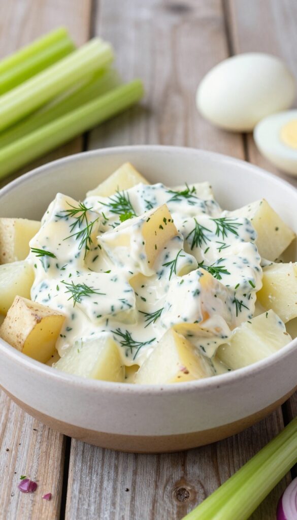 A close-up of creamy potato salad with herbs and vegetables in a bowl on a wooden table, representing a classic summer side dish.