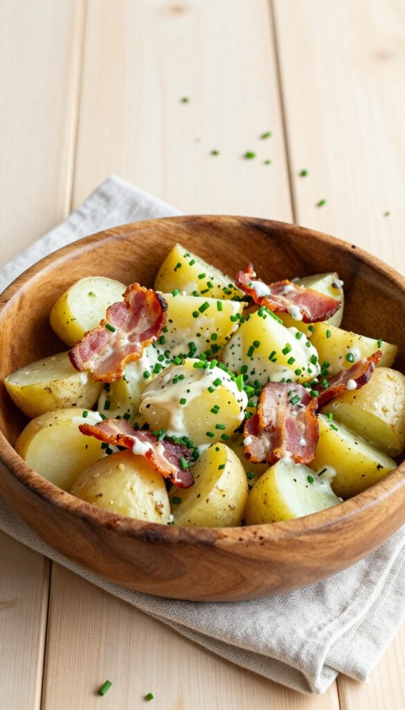 A close-up of smoky bacon and chive potato salad in a wooden bowl, showcasing crispy bacon, fresh chives, and creamy dressing, perfect for a budget-friendly potluck recipe.