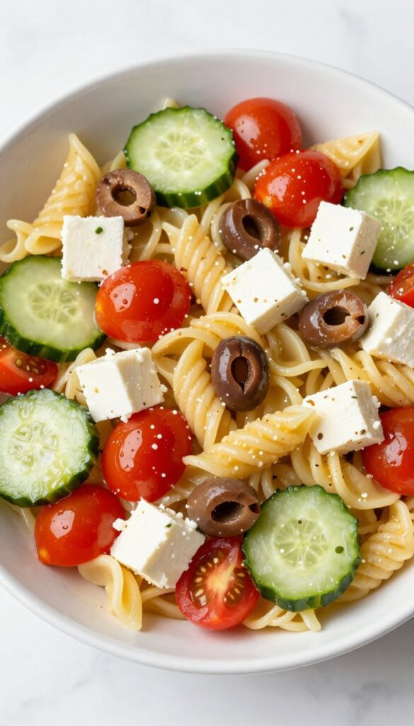 A close-up of a Greek-style Italian pasta salad with pasta, cucumber, tomatoes, feta, and olives in a bowl, drizzled with dressing, in natural light