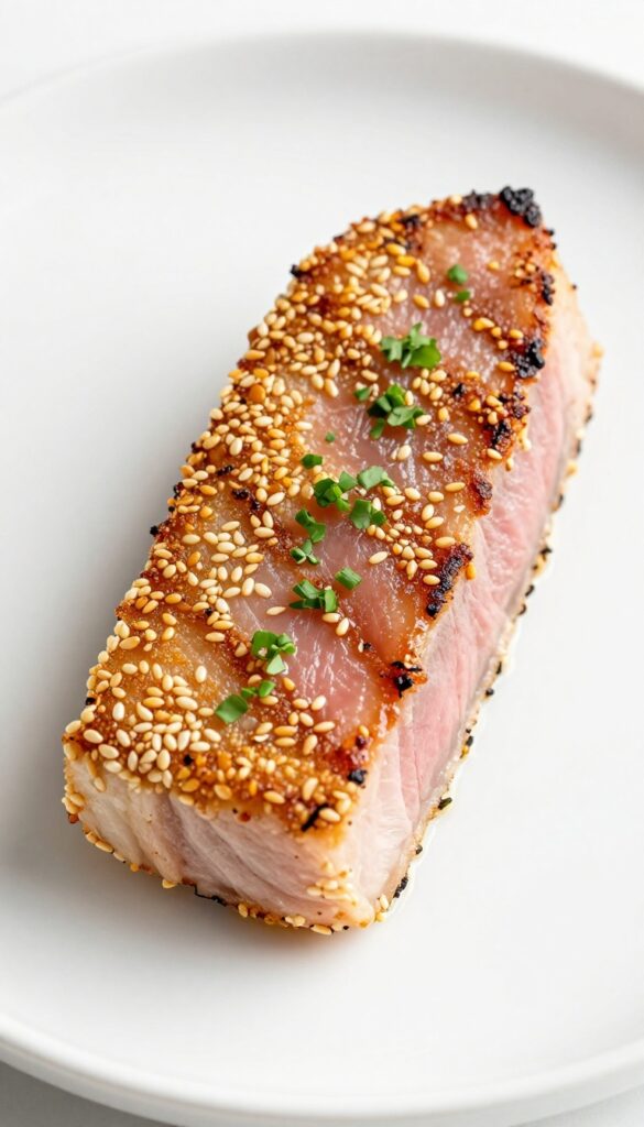 Sesame crusted grilled tuna steak with a crunchy exterior and tender interior, served on a white plate in natural light