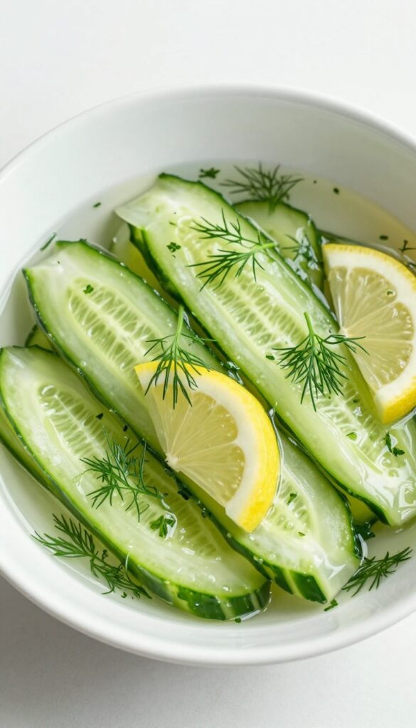 Cucumber ribbons in a white bowl with lemon-dill dressing, fresh dill, and lemon slices.