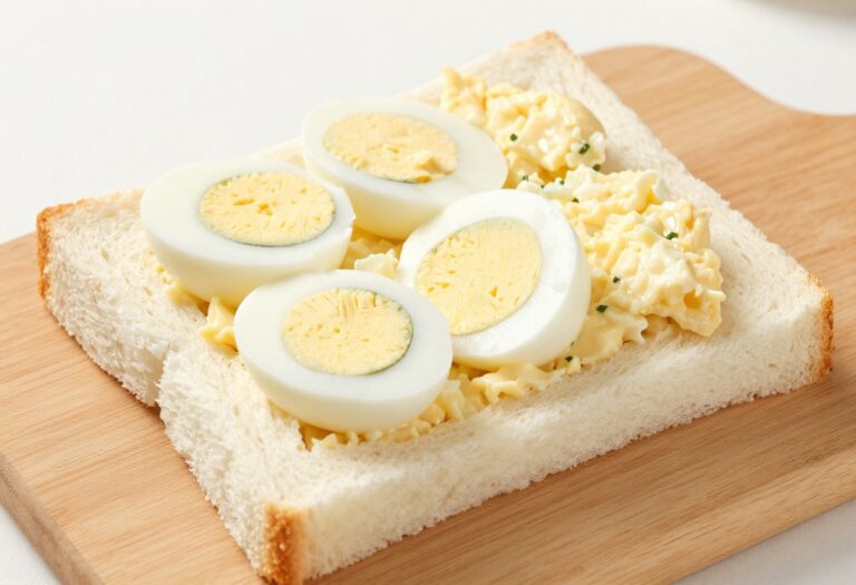 Japanese egg salad sandwich with creamy filling on milk bread, served on a wooden board.