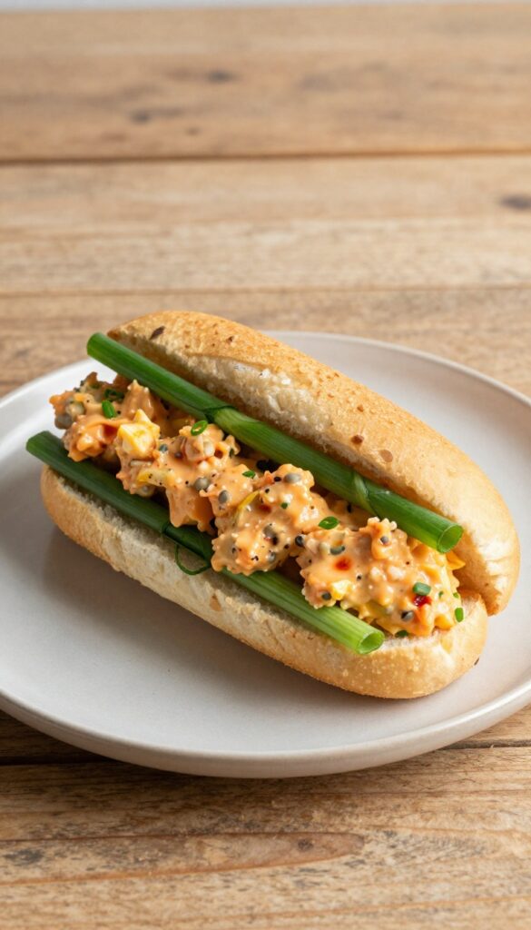 A close-up of a spicy Sriracha egg salad sandwich with creamy filling and green onions, served on a plate in natural light.