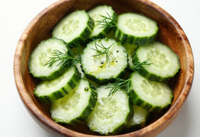 Colorful cucumber salad with dill and vinegar in a bowl, showcasing fresh ingredients and appetizing presentation.