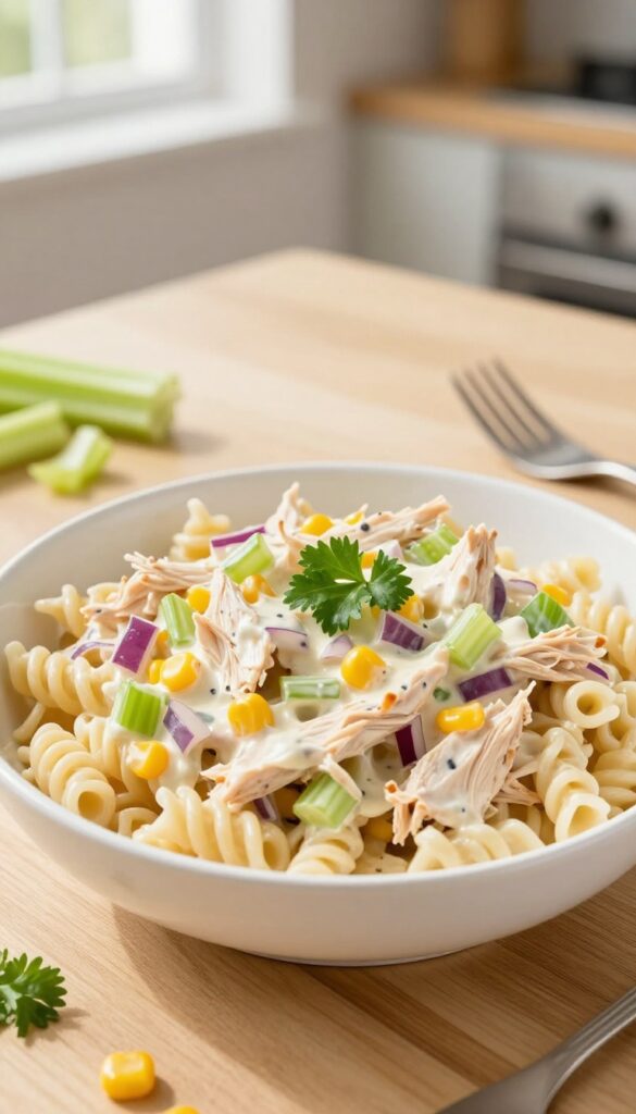 Canned chicken pasta salad in a white bowl on a wooden table with natural light