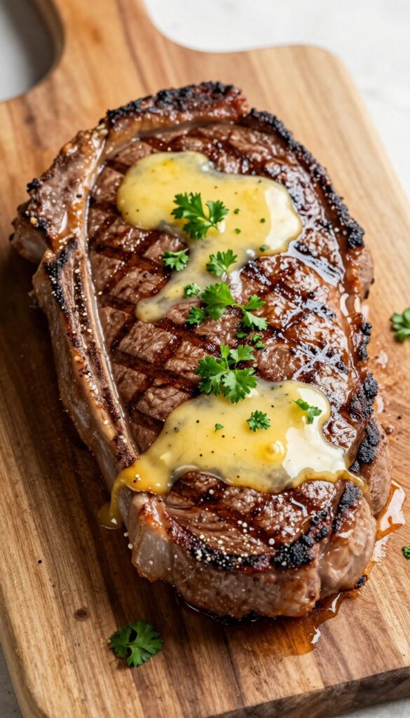 Classic garlic butter grilled steak with melted butter and parsley on a wooden board