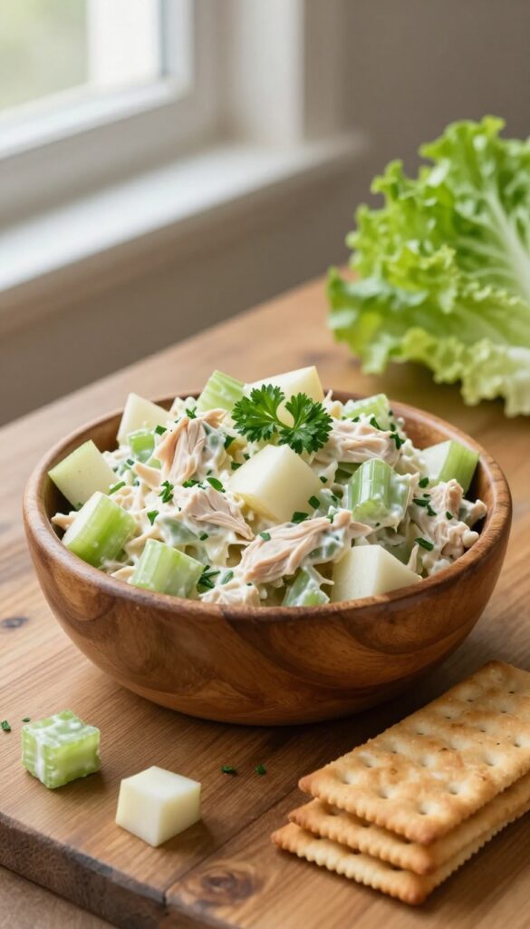 Classic celery and apple chicken salad in a wooden bowl with crackers and lettuce cups on a rustic table.