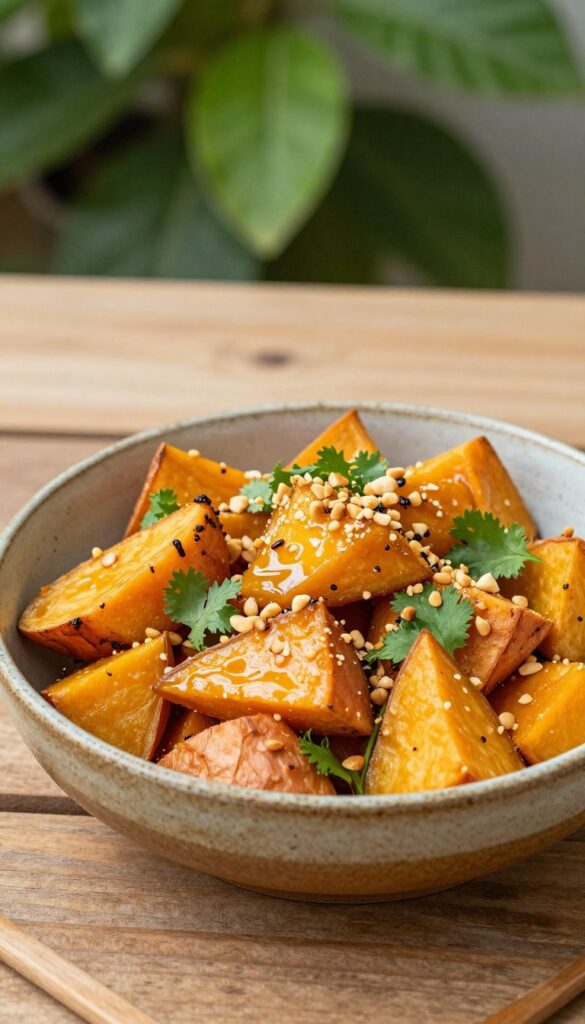 A close-up of Thai peanut and ginger sweet potato salad with roasted sweet potatoes in a peanut sauce, garnished with cilantro and crushed peanuts.