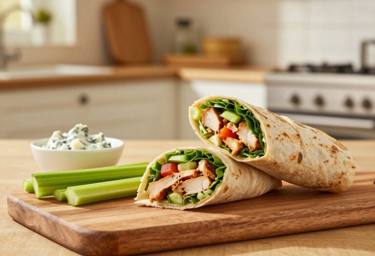 Buffalo chicken salad wrap cut in half on a wooden board with celery sticks and blue cheese dip