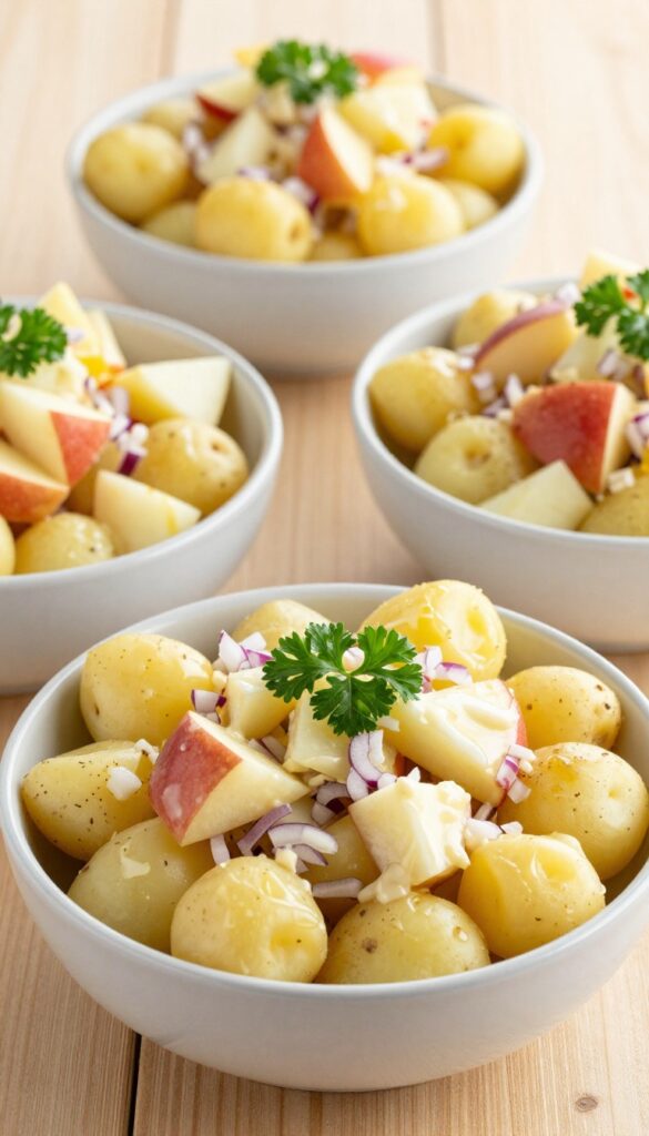 A bowl of sweet and tangy apple potato salad with creamy potatoes, crisp apples, red onion, and parsley in natural light, perfect for a budget-friendly potluck dish.