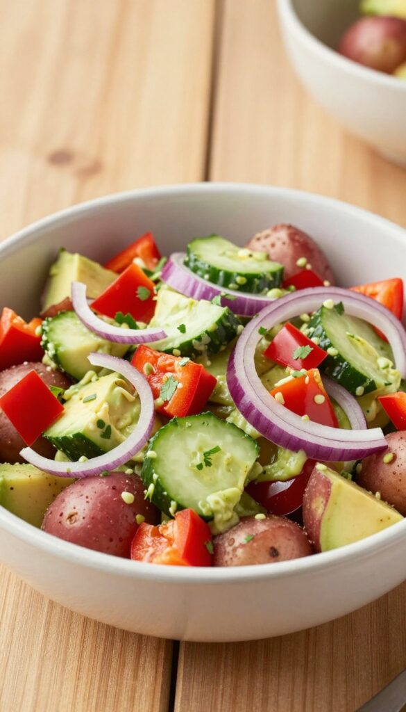 A bowl of creamy avocado potato salad with red potatoes, red bell pepper, cucumber, and red onion in a bright, natural setting, perfect for healthy family gatherings.