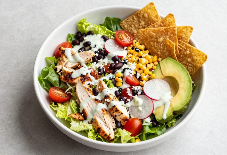 Chicken taco salad in a white bowl with tortilla chips on top