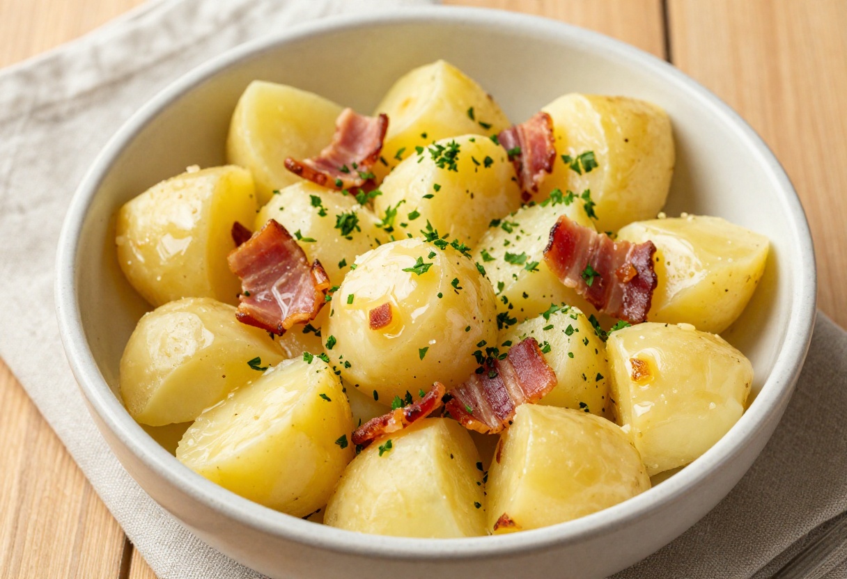 German potato salad with tangy dressing in a ceramic bowl, featuring golden potatoes, bacon, and fresh parsley