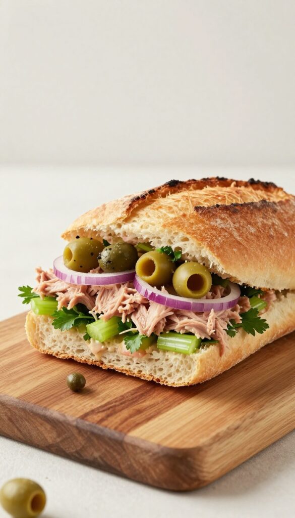 A close-up view of a creamy Italian tuna salad sandwich on a rustic cutting board, showcasing the fresh ingredients like capers, olives, and herbs in natural light.