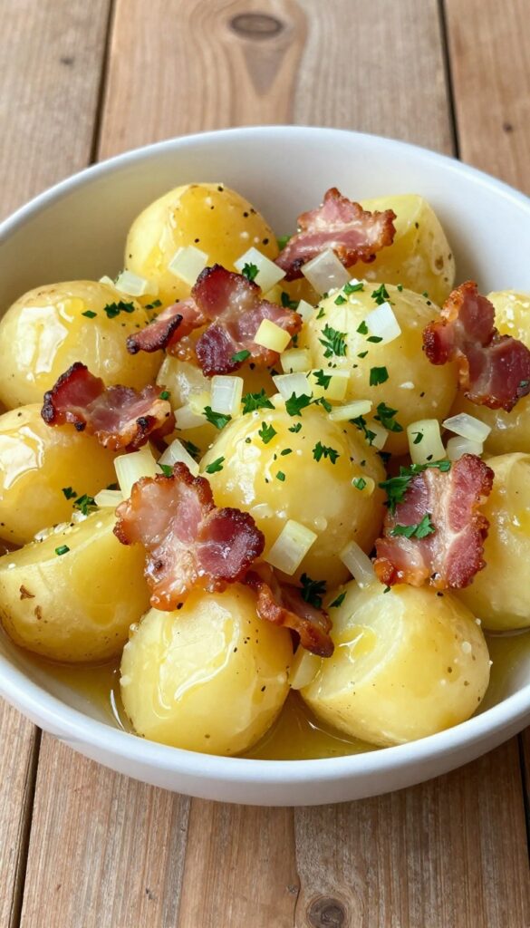 A close-up photo of Tangy German Potato Salad with Bacon in a bowl, featuring tender potatoes, crispy bacon, and parsley garnish in natural light.