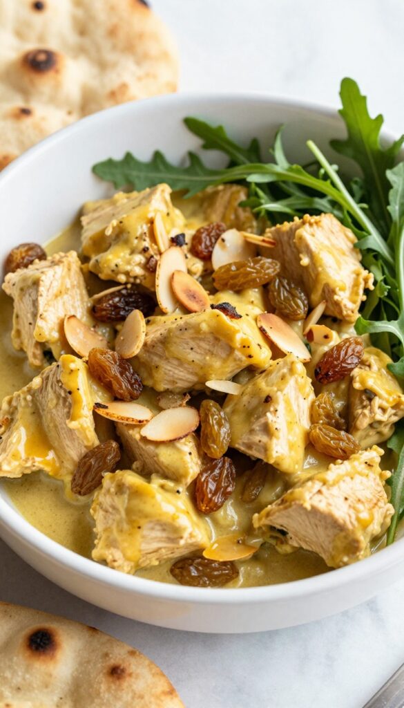 Curried chicken salad with golden raisins and almonds in a bowl