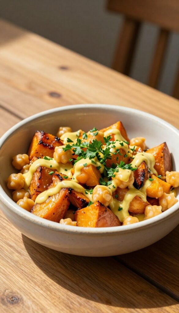 A close-up, photorealistic image of a roasted sweet potato and chickpea salad with tahini sauce, served in a ceramic bowl on a wooden table in natural light, perfect for a healthy recipe blog.