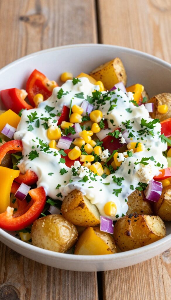 A colorful loaded veggie baked potato salad with roasted potatoes, bell peppers, corn, and herbs in a bowl, perfect for budget-friendly picnics and potlucks.