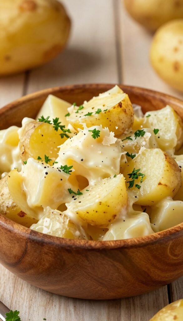 A creamy roasted garlic and Parmesan potato salad in a wooden bowl, garnished with parsley and Parmesan, set on a picnic table in natural light for a summer cookout