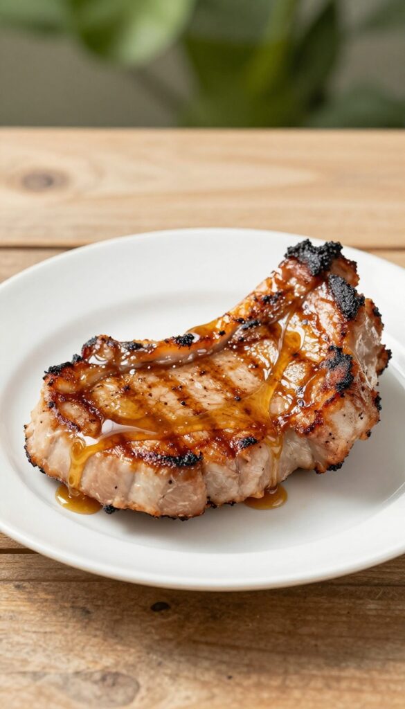 Grilled pork chops with honey mustard glaze on a white plate, ready to serve