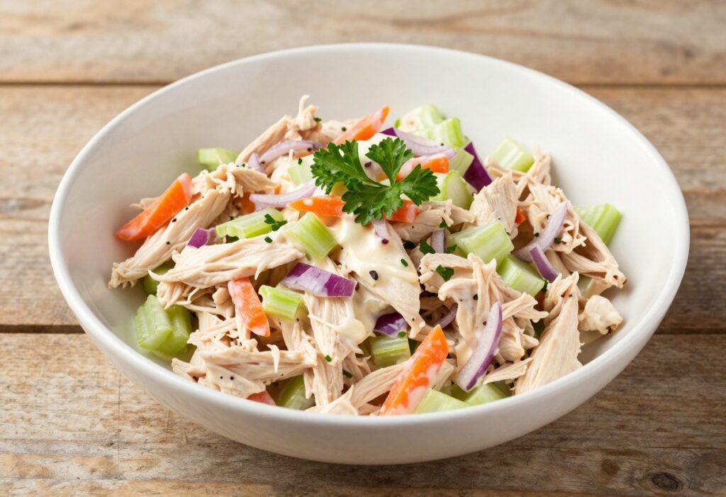 Creamy chicken salad with mixed vegetables in a white bowl